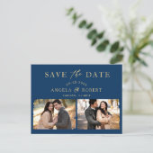 Navy Blue Gold Trendy 2 Foto slaat de datum op Briefkaart (Staand voorkant)