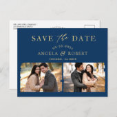 Navy Blue Gold Trendy 2 Foto slaat de datum op Briefkaart (Voorkant / Achterkant)