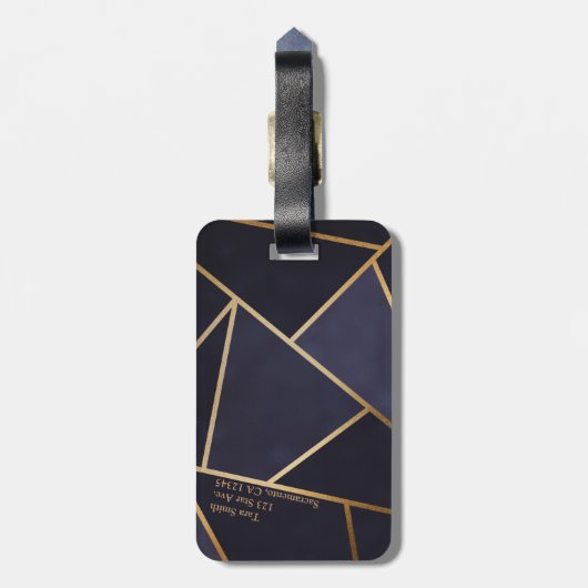 Navy Blue Gold Triangles Geometric Elegant Classy Bagagelabel (Achterkant verticaal)