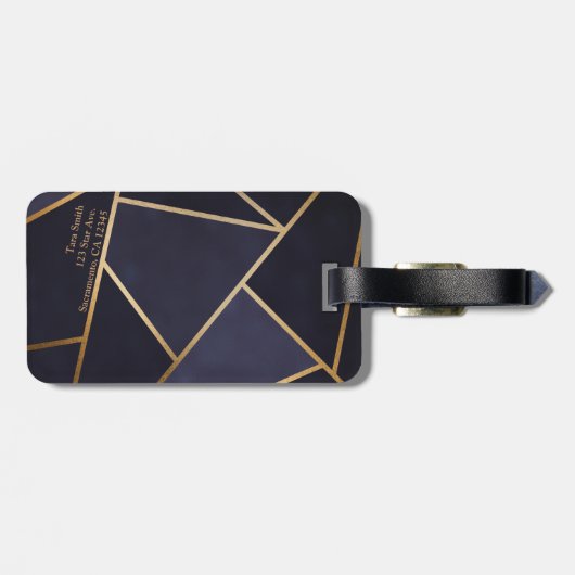 Navy Blue Gold Triangles Geometric Elegant Classy Bagagelabel (Achterkant horizontaal)