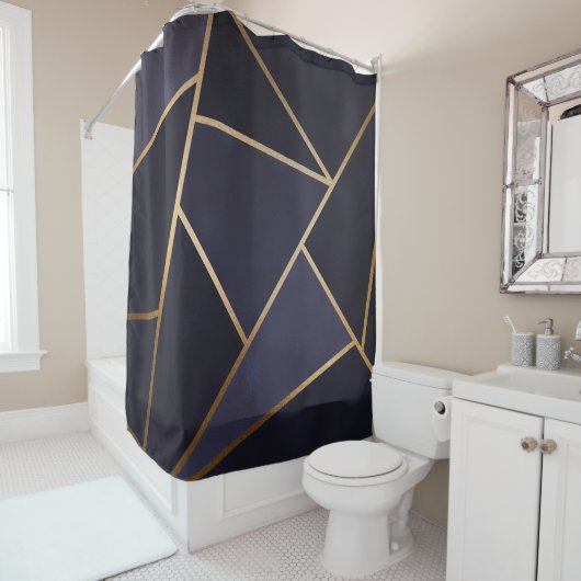 Navy Blue Gold Triangles Geometric Elegant Classy Douchegordijn (In situ)