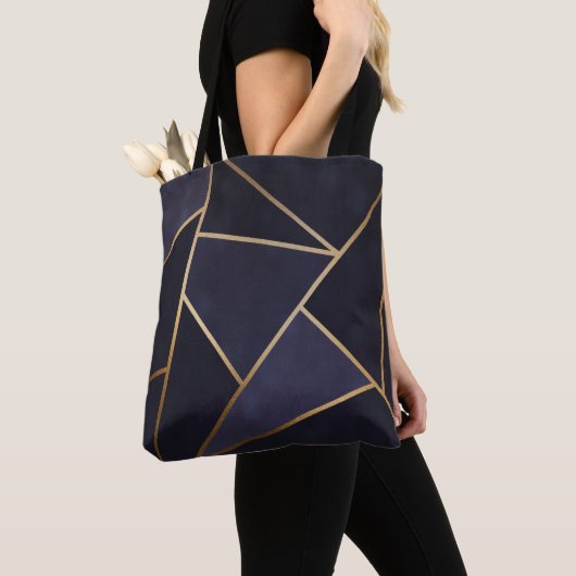 Navy Blue Gold Triangles Geometric Elegant Classy Tote Bag (Dichtbij)