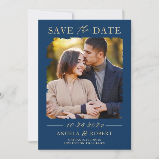 Navy Blue Gold Typografie Abstract Foto Lijst Save The Date (Voorkant)