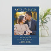 Navy Blue Gold Typografie Abstract Foto Lijst Save The Date (Staand voorkant)