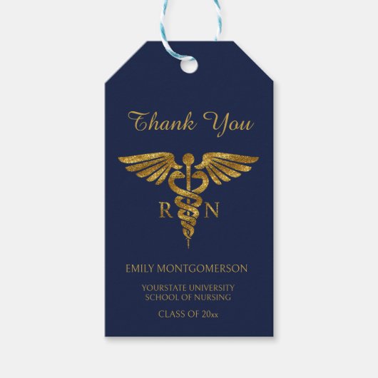 Navy Blue Gold Verpleegschool RN Afstuderen Cadeaulabel (Voorkant)