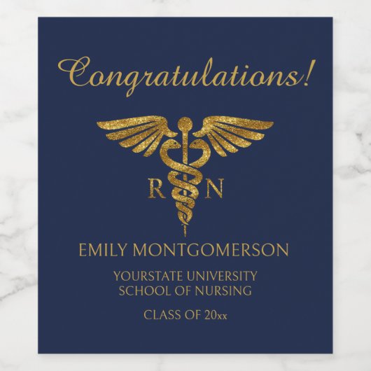 Navy Blue Gold Verpleegschool RN Afstuderen Wijn Etiket (Enkel label)