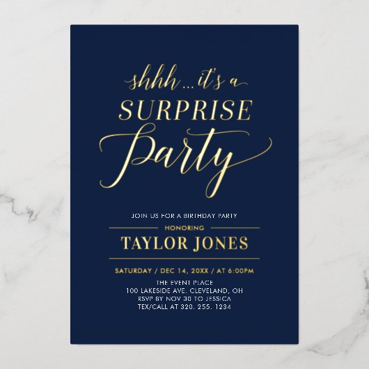 Navy Blue & Gold Verrassing Milestone Verjaardagsf Folie Uitnodiging (Voorkant)