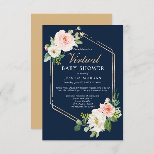Navy Blue Gold Virtual Baby shower Invitation Kaart (Voorkant / Achterkant)