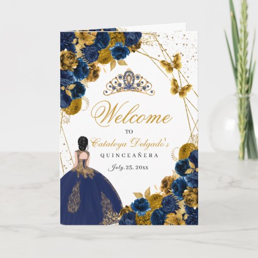 Navy Blue & Gold Vlinder Quinceanera-Programma (Voorkant)