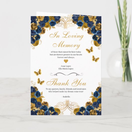 Navy Blue & Gold Vlinder Quinceanera-Programma (Achterkant)