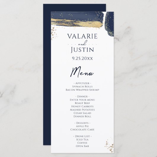Navy Blue Gold Waterverf Wedding Menu (Voorkant / Achterkant)