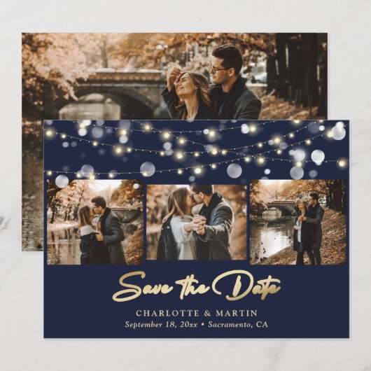 Navy Blue Gold Wedding 4 Foto slaat de datum op Save The Date (Voorkant / Achterkant)