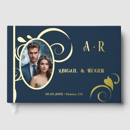 Navy Blue Gold Wedding Custom Foto Echte Folie Gastenboek (Voorkant)