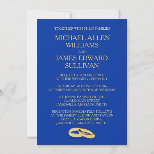 Navy Blue, Gold Wedding Invitations for Two Grooms Kaart (Voorkant)