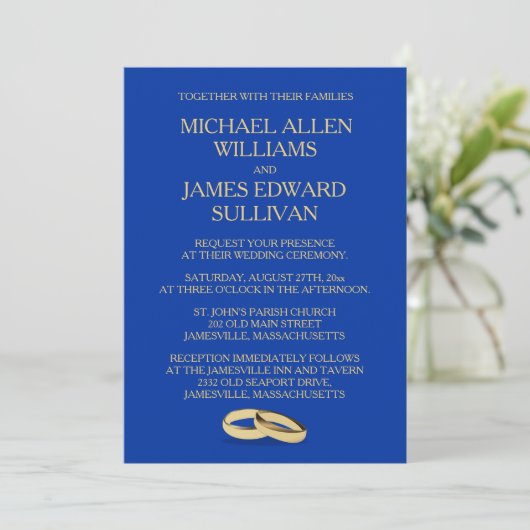 Navy Blue, Gold Wedding Invitations for Two Grooms Kaart (Staand voorkant)