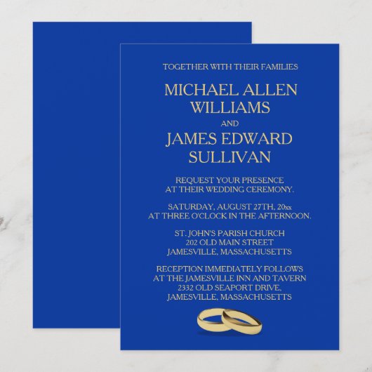 Navy Blue, Gold Wedding Invitations for Two Grooms Kaart (Voorkant / Achterkant)