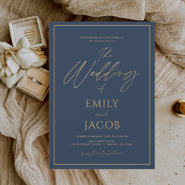 Navy Blue Gold Wedding Modern Script Kaart