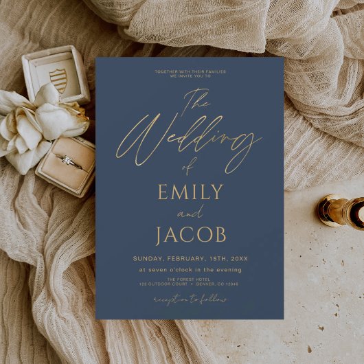 Navy Blue Gold Wedding Modern Typografiescript Kaart