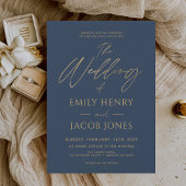 Navy Blue Gold Wedding Modern Typografiescript Kaart