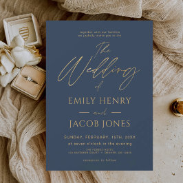 Navy Blue Gold Wedding Modern Typografiescript Kaart