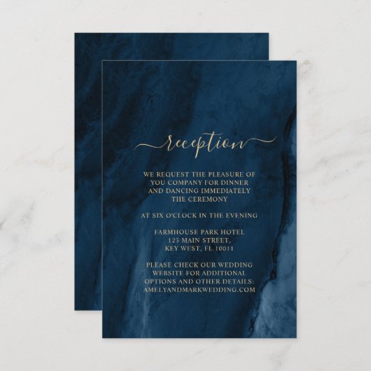 Navy Blue & Gold Wedding Reception Enclosure Card Informatiekaartje (Voorkant / Achterkant)