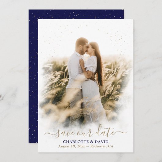 Navy Blue Gold Wedding Save Our Date Photo Card Save The Date (Voorkant / Achterkant)