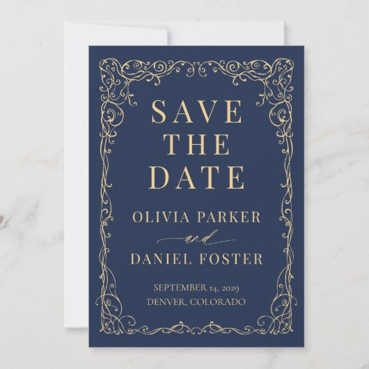 Navy Blue Gold Wedding Save the Date (Voorkant)