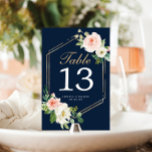 Navy Blue Gold Wedding Table Numbers, dubbelzijdig Kaart<br><div class="desc">Help uw gasten gemakkelijk hun weg te vinden met deze mooie dubbele tafelnummerkaarten. Bewerk eenvoudig de nummers,  namen en datum! Dit ontwerp is voorzien van een prachtige blote bouquet en elegante scriptdoopvont!</div>