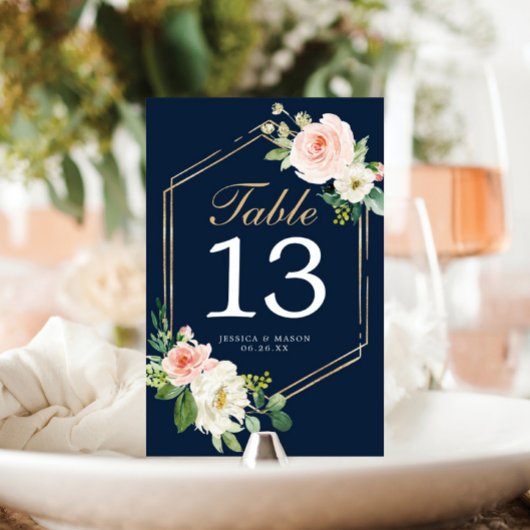 Navy Blue Gold Wedding Table Numbers, dubbelzijdig Kaart