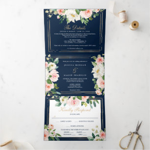 Navy Blue Gold Wedding Tri-Fold Invitations RSVP Drieluik Uitnodiging
