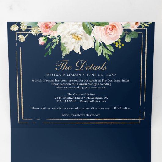 Navy Blue Gold Wedding Tri-Fold Invitations RSVP Drieluik Uitnodiging (Binnenzijde eerst)