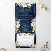 Navy Blue Gold Wedding Tri-Fold Invitations RSVP Drieluik Uitnodiging (Binnen)