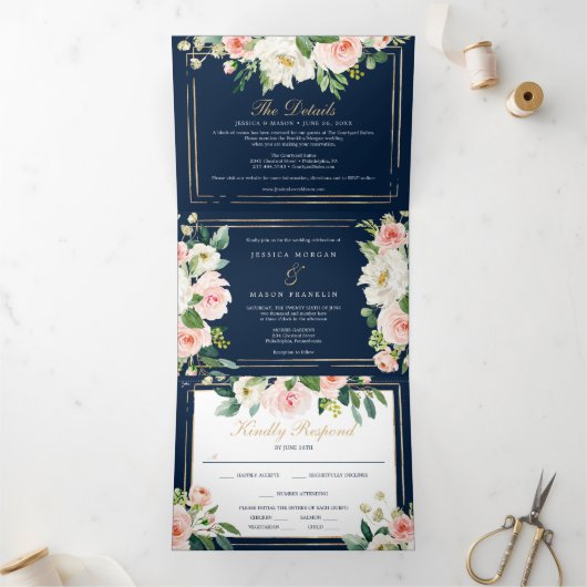 Navy Blue Gold Wedding Tri-Fold Invitations RSVP Drieluik Uitnodiging (Binnen)