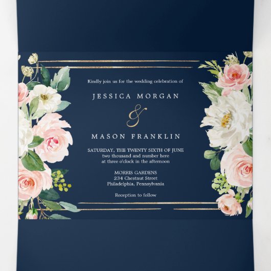 Navy Blue Gold Wedding Tri-Fold Invitations RSVP Drieluik Uitnodiging (Binnenkant midden)