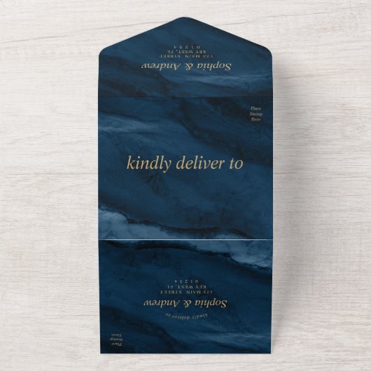 Navy Blue & Gold Weduwing All-in-One uitnodiging (Buitenkant)