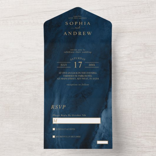 Navy Blue & Gold Weduwing All-in-One uitnodiging (Binnen)