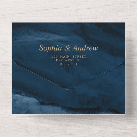 Navy Blue & Gold Weduwing All-in-One uitnodiging (Achterkant)