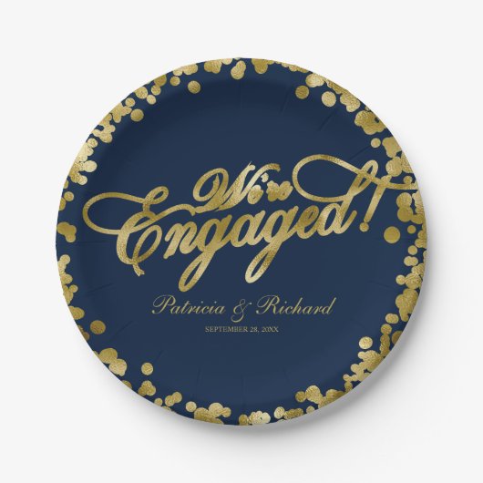 Navy Blue Gold We're Engaged Verlovingspartij Papieren Bordje (Voorkant)