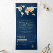 Navy Blue Gold Wereldkaart Alles in een bruiloft Drieluik Uitnodiging (Binnen)