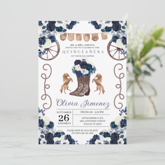 Navy Blue Gold Western Charra Boots Quinceañera Kaart (Staand voorkant)