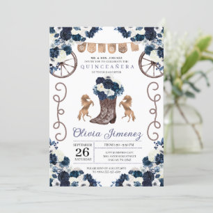 Navy Blue Gold Western Charra Boots Quinceañera Kaart