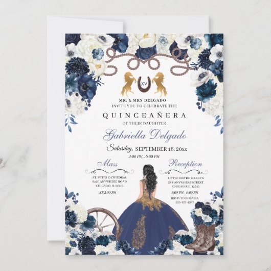 Navy Blue Gold Western Charra Ranchero Quinceanera Kaart (Voorkant)
