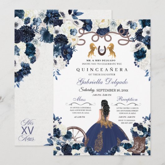 Navy Blue Gold Western Charra Ranchero Quinceanera Kaart (Voorkant / Achterkant)
