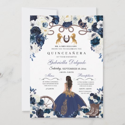 Navy Blue Gold Western Charra Ranchero Quinceanera Kaart (Voorkant)