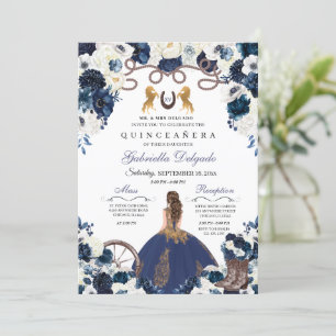 Navy Blue Gold Western Charra Ranchero Quinceanera Kaart