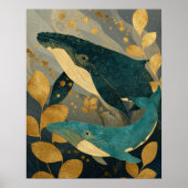 Navy Blue& Gold Whale Illustration Kintsugi Ocean Poster (Voorkant)