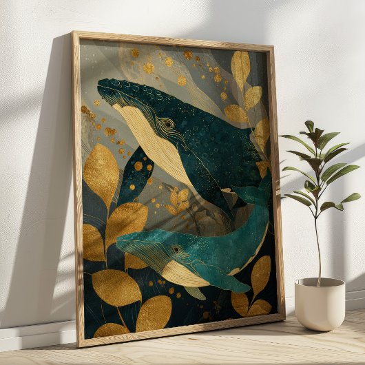 Navy Blue& Gold Whale Illustration Kintsugi Ocean Poster