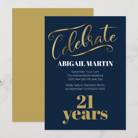 Navy Blue Gold White, 21e verjaardag Kaart (Voorkant / Achterkant)