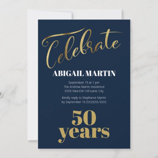 Navy Blue Gold White 50e verjaardag Kaart (Voorkant)