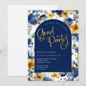 Navy Blue Gold Wildflower Afstudeerder Feestuitnod Kaart (Voorkant / Achterkant)